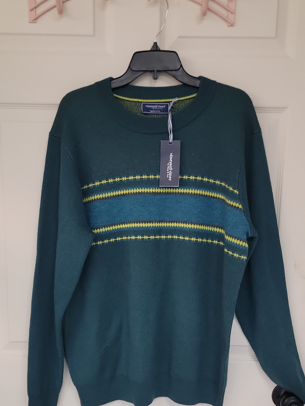 Vineyard Vines Deep Teal Crewneck Sweater with Aqua and Lime Stripes